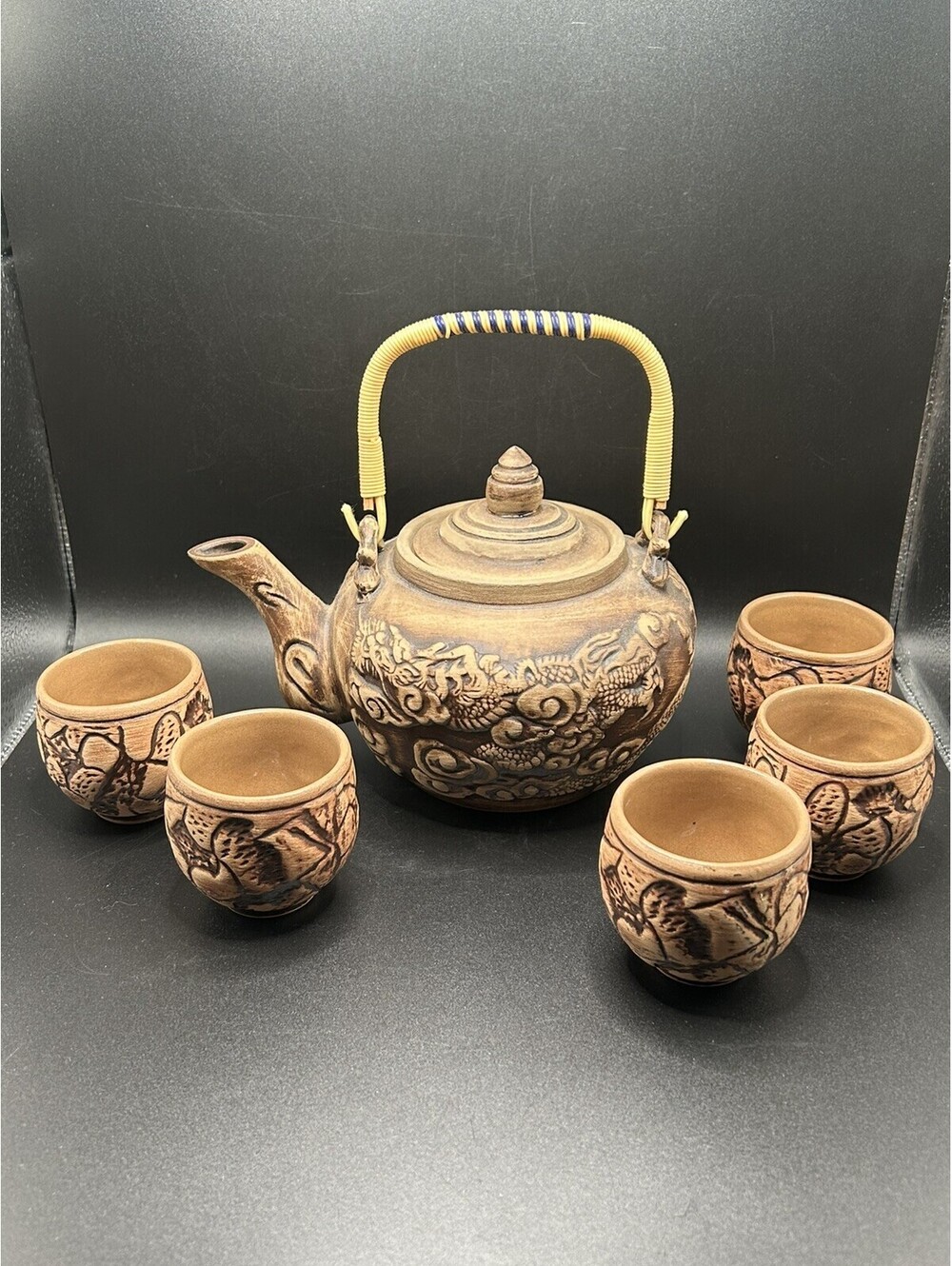 Vintage 6 Pcs Chinese Yixing Zisha Clay Pottery Teapot 3D Dragon